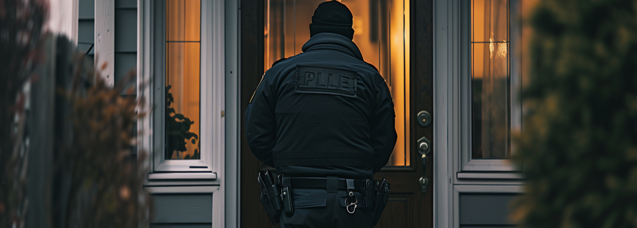 Politieagent staat aan de voordeur van een woonhuis